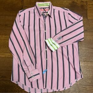 Robert Graham Shirt Mens L Pink Striped X Collection Designer Casual Cuff Collar